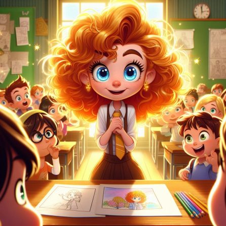 Ginny showing her drawings to her classmates