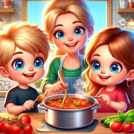 Jimmy and Julie are cooking a tomato soup with mom