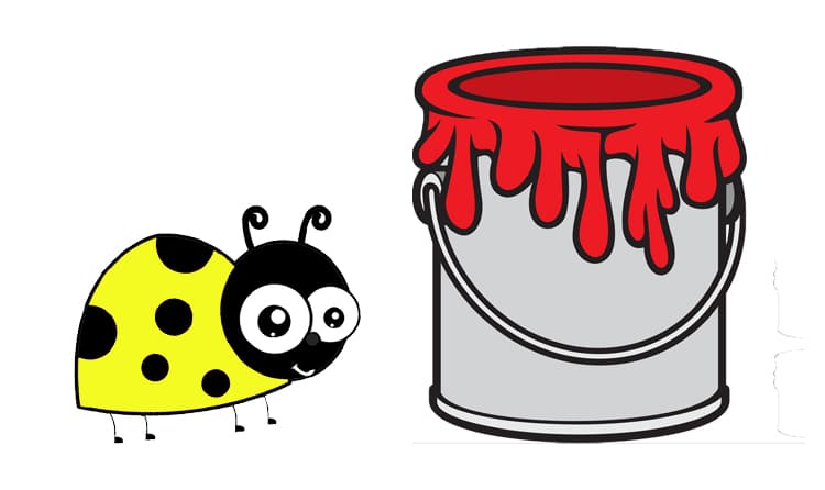 ladybird and paint bucket in Lara the yellow ladybird story