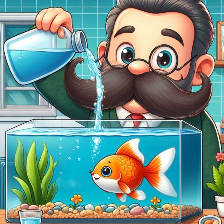 Mr. Mustache pouring water in fish tank