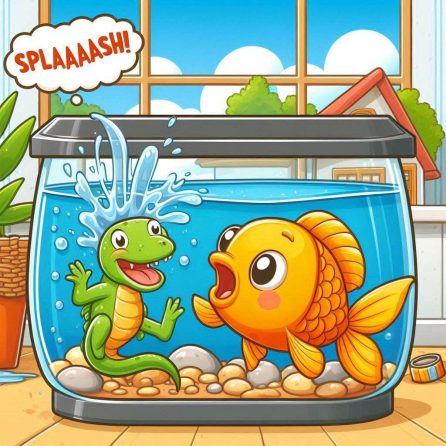 little lizard falling into fish tank