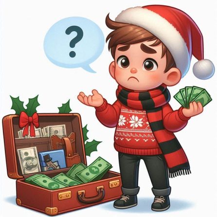 little boy getting money for christmas