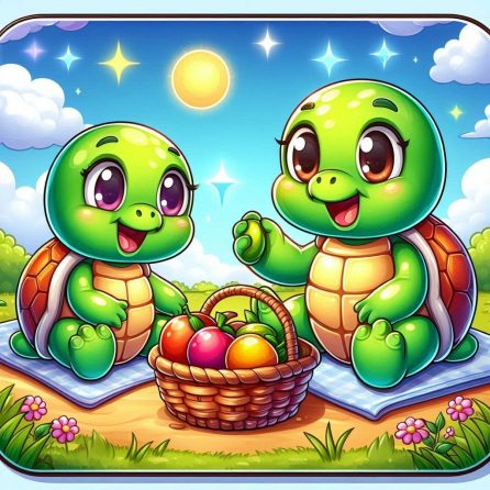 mommy and daddy turtle eating fruits