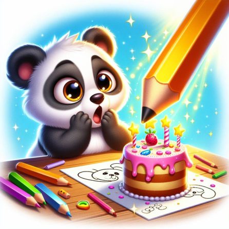 panda drawing a cake in panda's magic pencil story for kids