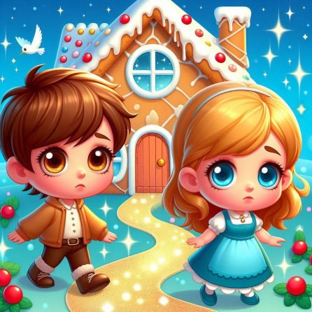 Hansel and Gretel find gingerbread house