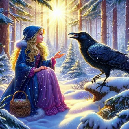 Gerda and crow in the snow queen story for kids