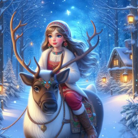 Gerda riding reindeer in the snow queen story for kids