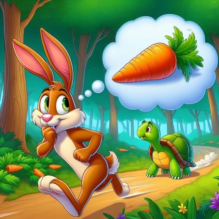 hare thinking about carrot in the tortoise and the hare story for kids