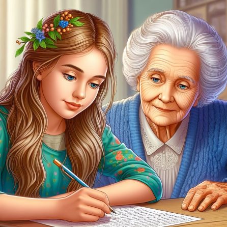 old woman writing a letter in the snow queen story for kids