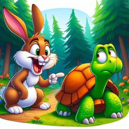 hare mocking the tortoise in the tortoise and the hare story for kids