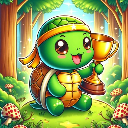 tortoise holding a cup in the tortoise and the hare story for kids