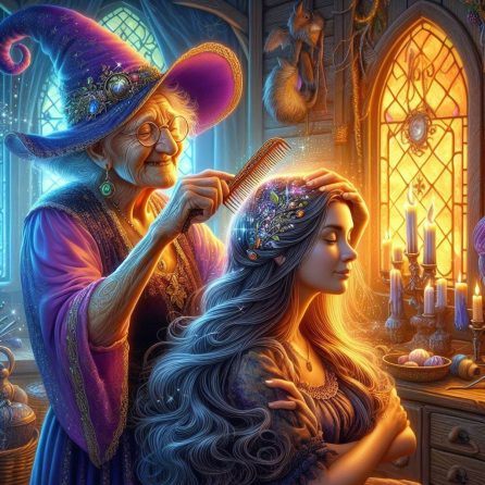 witch combing Gerda's hair in the snow queen story for kids