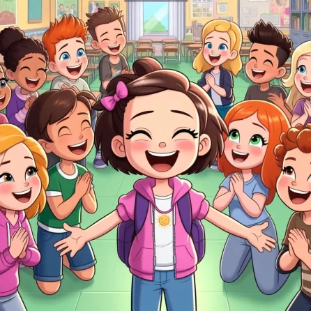 Lily being happy at school in lily, the bravest girl story for kids