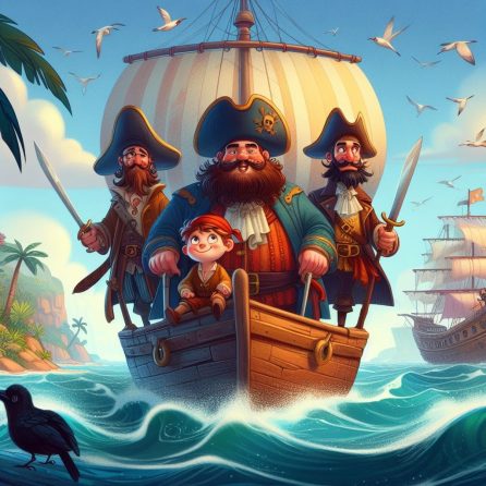 Jim and pirates sailing toward the island